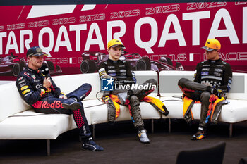 2023-10-07 - Post race, press conference VERSTAPPEN Max (ned), Red Bull Racing RB19, PIASTRI Oscar (aus), McLaren F1 Team MCL60, NORRIS Lando (gbr), McLaren F1 Team MCL60, portrait during the 2023 Formula 1 Qatar Grand Prix, 17th round of the 2023 Formula One World Championship from October 6 to 8, 2023 on the Lusail International Circuit, in Doha, Qatar - F1 - QATAR GRAND PRIX 2023 - FORMULA 1 - MOTORS