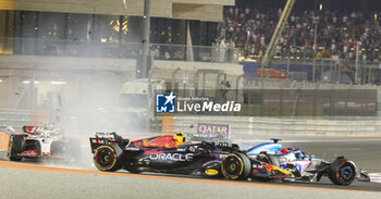 2023-10-07 - 11 PEREZ Sergio (mex), Red Bull Racing RB19, action 31 OCON Esteban (fra), Alpine F1 Team A523, action 27 HULKENBERG Nico (ger), Haas F1 Team VF-23 Ferrari, action crash, accident, during the 2023 Formula 1 Qatar Grand Prix, 17th round of the 2023 Formula One World Championship from October 6 to 8, 2023 on the Lusail International Circuit, in Doha, Qatar - F1 - QATAR GRAND PRIX 2023 - FORMULA 1 - MOTORS