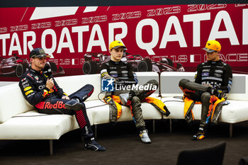 2023-10-07 - VERSTAPPEN Max (ned), Red Bull Racing RB19, portrait PIASTRI Oscar (aus), McLaren F1 Team MCL60, portrait NORRIS Lando (gbr), McLaren F1 Team MCL60, portrait press conference during the 2023 Formula 1 Qatar Grand Prix, 17th round of the 2023 Formula One World Championship from October 6 to 8, 2023 on the Lusail International Circuit, in Doha, Qatar - F1 - QATAR GRAND PRIX 2023 - FORMULA 1 - MOTORS