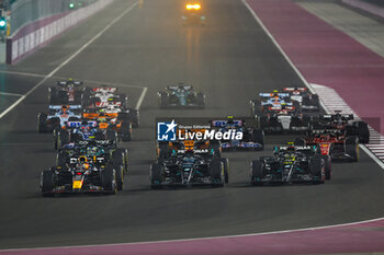 2023-10-08 - Start of the race, 01 VERSTAPPEN Max (nld), Red Bull Racing RB19, 63 RUSSELL George (gbr), Mercedes AMG F1 Team W14, 44 HAMILTON Lewis (gbr), Mercedes AMG F1 Team W14, action during the 2023 Formula 1 Qatar Grand Prix, 17th round of the 2023 Formula One World Championship from October 6 to 8, 2023 on the Lusail International Circuit, in Doha, Qatar - F1 - QATAR GRAND PRIX 2023 - RACE - FORMULA 1 - MOTORS