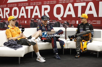 2023-10-08 - PIASTRI Oscar (aus), McLaren F1 Team MCL60, portrait VERSTAPPEN Max (ned), Red Bull Racing RB19, portrait NORRIS Lando (gbr), McLaren F1 Team MCL60, portrait press conference during the 2023 Formula 1 Qatar Grand Prix, 17th round of the 2023 Formula One World Championship from October 6 to 8, 2023 on the Lusail International Circuit, in Doha, Qatar - F1 - QATAR GRAND PRIX 2023 - RACE - FORMULA 1 - MOTORS