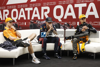 2023-10-08 - PIASTRI Oscar (aus), McLaren F1 Team MCL60, portrait VERSTAPPEN Max (ned), Red Bull Racing RB19, portrait NORRIS Lando (gbr), McLaren F1 Team MCL60, portrait press conference during the 2023 Formula 1 Qatar Grand Prix, 17th round of the 2023 Formula One World Championship from October 6 to 8, 2023 on the Lusail International Circuit, in Doha, Qatar - F1 - QATAR GRAND PRIX 2023 - RACE - FORMULA 1 - MOTORS