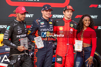 2023-10-21 - Sprint Race Podium
From Left to Right:
 Lewis Hamilton (GBR) Mercedes W14 E Performance
 Max Verstappen (NED) Redbull Racing RB19
 Charles Leclerc (MON) Ferrari SF-23

during FORMULA 1 LENOVO UNITED STATES GRAND PRIX 2023 - Oct19 to Oct22 2023 Circuit of Americas, Austin, Texas, USA - FORMULA 1 LENOVO UNITED STATES GRAND PRIX 2023 - FORMULA 1 - MOTORS