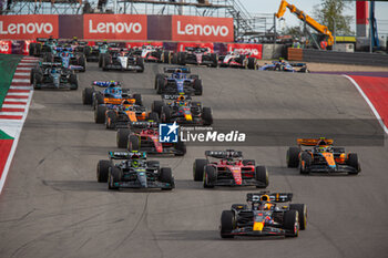 2023-10-21 - Start of print Race from Turn 2, with Max Verstappen (NED) Redbull Racing leading Lewis Hamilton (GBR) Mercedes W14 E Performance and Charles Leclerc (MON) Ferrari SF-23

during FORMULA 1 LENOVO UNITED STATES GRAND PRIX 2023 - Oct19 to Oct22 2023 Circuit of Americas, Austin, Texas, USA - FORMULA 1 LENOVO UNITED STATES GRAND PRIX 2023 - FORMULA 1 - MOTORS