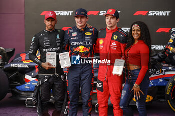 2023-10-22 - VERSTAPPEN Max (ned), Red Bull Racing RB19, portrait HAMILTON Lewis (gbr), Mercedes AMG F1 Team W14, portrait LECLERC Charles (mco), Scuderia Ferrari SF-23, portrait sprint race Sha'Carri Richardson, athlete portrait during the 2023 Formula 1 Lenovo United States Grand Prix, 18th round of the 2023 Formula One World Championship from October 20 to 22, 2023 on the Circuit of The Americas, in Austin, USA - F1 - US GRAND PRIX 2023 - FORMULA 1 - MOTORS