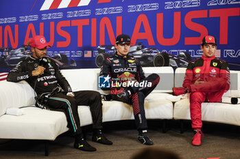2023-10-22 - HAMILTON Lewis (gbr), Mercedes AMG F1 Team W14, portrait VERSTAPPEN Max (ned), Red Bull Racing RB19, portrait LECLERC Charles (mco), Scuderia Ferrari SF-23, portrait press conference during the 2023 Formula 1 Lenovo United States Grand Prix, 18th round of the 2023 Formula One World Championship from October 20 to 22, 2023 on the Circuit of The Americas, in Austin, USA - F1 - US GRAND PRIX 2023 - FORMULA 1 - MOTORS