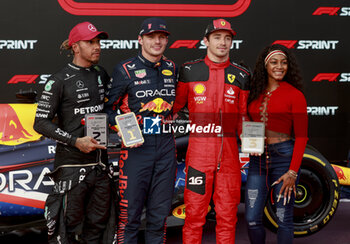 2023-10-22 - HAMILTON Lewis (gbr), Mercedes AMG F1 Team W14, portrait VERSTAPPEN Max (ned), Red Bull Racing RB19, portrait LECLERC Charles (mco), Scuderia Ferrari SF-23, portrait Sha'Carri Richardson, athlete portrait during the 2023 Formula 1 Lenovo United States Grand Prix, 18th round of the 2023 Formula One World Championship from October 20 to 22, 2023 on the Circuit of The Americas, in Austin, USA - F1 - US GRAND PRIX 2023 - FORMULA 1 - MOTORS