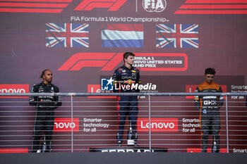 2023-10-22 - VERSTAPPEN Max (ned), Red Bull Racing RB19, portrait HAMILTON Lewis (gbr), Mercedes AMG F1 Team W14, portrait NORRIS Lando (gbr), McLaren F1 Team MCL60, portrait podium during the 2023 Formula 1 Lenovo United States Grand Prix, 18th round of the 2023 Formula One World Championship from October 20 to 22, 2023 on the Circuit of The Americas, in Austin, USA - F1 - US GRAND PRIX 2023 - RACE - FORMULA 1 - MOTORS