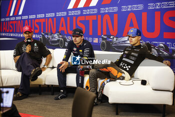 2023-10-22 - VERSTAPPEN Max (ned), Red Bull Racing RB19, portrait HAMILTON Lewis (gbr), Mercedes AMG F1 Team W14, portrait NORRIS Lando (gbr), McLaren F1 Team MCL60, portrait press conference during the 2023 Formula 1 Lenovo United States Grand Prix, 18th round of the 2023 Formula One World Championship from October 20 to 22, 2023 on the Circuit of The Americas, in Austin, USA - F1 - US GRAND PRIX 2023 - RACE - FORMULA 1 - MOTORS