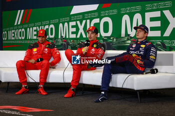 2023-10-29 - Press conference: SAINZ Carlos (spa), Scuderia Ferrari SF-23, LECLERC Charles (mco), Scuderia Ferrari SF-23, VERSTAPPEN Max (ned), Red Bull Racing RB19, portrait, during the 2023 Formula 1 Grand Premio de la Ciudad de Mexico, 19th round of the 2023 Formula One World Championship from October 27 to 29, 2023 on the Autodromo Hermanos Rodriguez, in Mexico City, Mexico - F1 - MEXICO CITY GRAND PRIX 2023 - FORMULA 1 - MOTORS