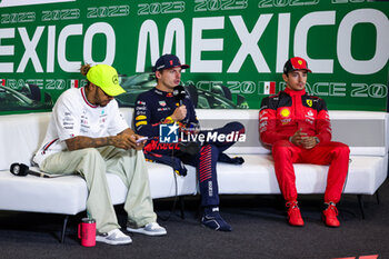 2023-10-30 - Press conference: HAMILTON Lewis (gbr), Mercedes AMG F1 Team W14, VERSTAPPEN Max (ned), Red Bull Racing RB19, LECLERC Charles (mco), Scuderia Ferrari SF-23, portrait, during the 2023 Formula 1 Grand Premio de la Ciudad de Mexico, 19th round of the 2023 Formula One World Championship from October 27 to 29, 2023 on the Autodromo Hermanos Rodriguez, in Mexico City, Mexico - F1 - MEXICO CITY GRAND PRIX 2023 - RACE - FORMULA 1 - MOTORS