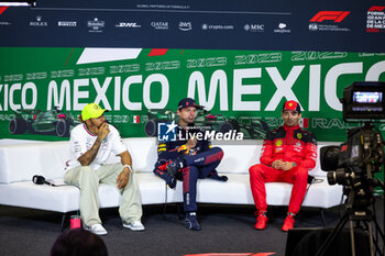 2023-10-30 - Press conference: HAMILTON Lewis (gbr), Mercedes AMG F1 Team W14, VERSTAPPEN Max (ned), Red Bull Racing RB19, LECLERC Charles (mco), Scuderia Ferrari SF-23, portrait, during the 2023 Formula 1 Grand Premio de la Ciudad de Mexico, 19th round of the 2023 Formula One World Championship from October 27 to 29, 2023 on the Autodromo Hermanos Rodriguez, in Mexico City, Mexico - F1 - MEXICO CITY GRAND PRIX 2023 - RACE - FORMULA 1 - MOTORS