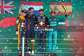 2023-11-05 - Podium: NORRIS Lando (gbr), McLaren F1 Team MCL60, VERSTAPPEN Max (ned), Red Bull Racing RB19, ALONSO Fernando (spa), Aston Martin F1 Team AMR23, during the 2023 Formula 1 Rolex Grande Premio de Sao Paulo, 20th round of the 2023 Formula One World Championship from November 3 to 5, 2023 on the Autodromo José Carlos Pace, in Sao Paulo, Brazil - F1 - SAO PAULO GRAND PRIX 2023 - RACE - FORMULA 1 - MOTORS