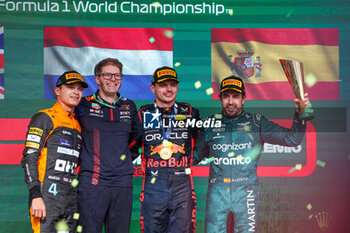 2023-11-05 - Podium: NORRIS Lando (gbr), McLaren F1 Team MCL60, VERSTAPPEN Max (ned), Red Bull Racing RB19, ALONSO Fernando (spa), Aston Martin F1 Team AMR23, during the 2023 Formula 1 Rolex Grande Premio de Sao Paulo, 20th round of the 2023 Formula One World Championship from November 3 to 5, 2023 on the Autodromo José Carlos Pace, in Sao Paulo, Brazil - F1 - SAO PAULO GRAND PRIX 2023 - RACE - FORMULA 1 - MOTORS