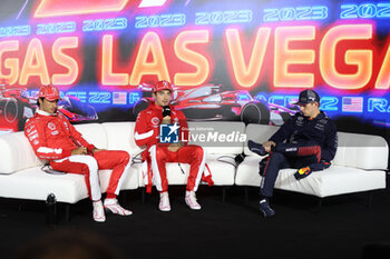 2023-11-18 - press conference SAINZ Carlos (spa), Scuderia Ferrari SF-23, LECLERC Charles (mco), Scuderia Ferrari SF-23, VERSTAPPEN Max (ned), Red Bull Racing RB19, portrait during the 2023 Formula 1 Heineken Silver Las Vegas Grand Prix, 21th round of the 2023 Formula One World Championship from November 17 to 19, 2023 on the Las Vegas Strip Circuit, in Las Vegas, USA - F1 - LAS VEGAS GRAND PRIX 2023 - FORMULA 1 - MOTORS