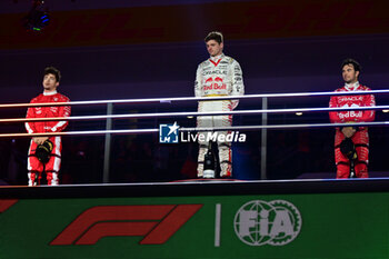 2023-11-18 - podium VERSTAPPEN Max (ned), Red Bull Racing RB19, LECLERC Charles (mco), Scuderia Ferrari SF-23, PEREZ Sergio (mex), Red Bull Racing RB19, portrait during the 2023 Formula 1 Heineken Silver Las Vegas Grand Prix, 21th round of the 2023 Formula One World Championship from November 17 to 19, 2023 on the Las Vegas Strip Circuit, in Las Vegas, USA - F1 - LAS VEGAS GRAND PRIX 2023 - RACE - FORMULA 1 - MOTORS
