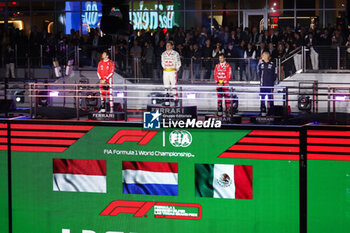 2023-11-19 - podium LECLERC Charles (mco), Scuderia Ferrari SF-23, VERSTAPPEN Max (ned), Red Bull Racing RB19, PEREZ Sergio (mex), Red Bull Racing RB19, portrait during the 2023 Formula 1 Heineken Silver Las Vegas Grand Prix, 21th round of the 2023 Formula One World Championship from November 17 to 19, 2023 on the Las Vegas Strip Circuit, in Las Vegas, USA - F1 - LAS VEGAS GRAND PRIX 2023 - RACE - FORMULA 1 - MOTORS