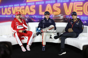 2023-11-19 - press conference LECLERC Charles (mco), Scuderia Ferrari SF-23, VERSTAPPEN Max (ned), Red Bull Racing RB19, PEREZ Sergio (mex), Red Bull Racing RB19, portrait during the 2023 Formula 1 Heineken Silver Las Vegas Grand Prix, 21th round of the 2023 Formula One World Championship from November 17 to 19, 2023 on the Las Vegas Strip Circuit, in Las Vegas, USA - F1 - LAS VEGAS GRAND PRIX 2023 - RACE - FORMULA 1 - MOTORS