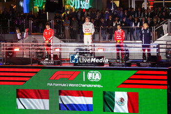 2023-11-19 - podium LECLERC Charles (mco), Scuderia Ferrari SF-23, VERSTAPPEN Max (ned), Red Bull Racing RB19, PEREZ Sergio (mex), Red Bull Racing RB19, portrait during the 2023 Formula 1 Heineken Silver Las Vegas Grand Prix, 21th round of the 2023 Formula One World Championship from November 17 to 19, 2023 on the Las Vegas Strip Circuit, in Las Vegas, USA - F1 - LAS VEGAS GRAND PRIX 2023 - RACE - FORMULA 1 - MOTORS