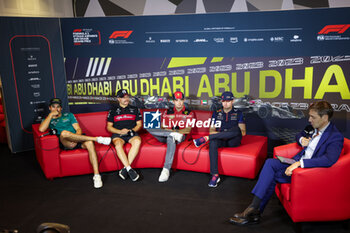 2023-11-23 - Press conference: STROLL Lance (can), Aston Martin F1 Team AMR23, BOTTAS Valtteri (fin), Alfa Romeo F1 Team Stake C43, LECLERC Charles (mco), Scuderia Ferrari SF-23, VERSTAPPEN Max (ned), Red Bull Racing RB19, portrait during the 2023 Formula 1 Etihad Airways Abu Dhabi Grand Prix, 22th round of the 2023 Formula One World Championship from November 24 to 26, 2023 on the Yas Marina Circuit, in Abu Dhabi - F1 - ABU DHABI GRAND PRIX 2023 - FORMULA 1 - MOTORS