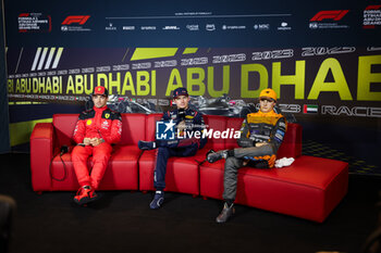 2023-11-25 - Press conference: LECLERC Charles (mco), Scuderia Ferrari SF-23, VERSTAPPEN Max (ned), Red Bull Racing RB19, PIASTRI Oscar (aus), McLaren F1 Team MCL60, portrait during the 2023 Formula 1 Etihad Airways Abu Dhabi Grand Prix, 22th round of the 2023 Formula One World Championship from November 24 to 26, 2023 on the Yas Marina Circuit, in Abu Dhabi - F1 - ABU DHABI GRAND PRIX 2023 - FORMULA 1 - MOTORS