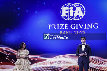 2023-12-08 - Presentators Derin Adetosoye and Harry Benjamin during the 2023 FIA Prize Giving Ceremony in Baky on December 8, 2023 at Baku Convention Center in Baku, Azerbaijan - FIA PRIZE GIVING 2023 - BAKU - FORMULA 1 - MOTORS