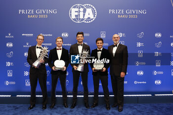 2023-12-08 - FILIPPI Sylvain, ABB FIA Formula E World Championship - Manufacturer Champion, portrait CASSIDY Nick, ABB FIA Formula E World Championship - 2nd Place, portrait EVANS Mitch, ABB FIA Formula E World Championship - 3rd Place, portrait DENNIS Jake, ABB FIA Formula E World Championship - Champion, portrait JEF DODDS during the 2023 FIA Prize Giving Ceremony in Baky on December 8, 2023 at Baku Convention Center in Baku, Azerbaijan - FIA PRIZE GIVING 2023 - BAKU - FORMULA 1 - MOTORS