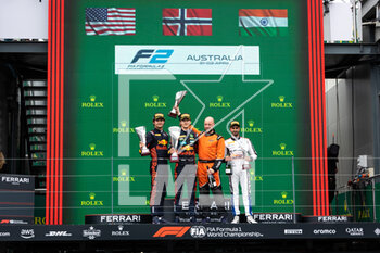 2023-04-01 - CRAWFORD Jak (usa), Hitech Grand Prix, Dallara F2, HAUGER Dennis (nor), MP Motorsport, Dallara F2, MAINI Kush (ind), Campos Racing, Dallara F2, portrait on the podium during the 3rd round of the 2023 FIA Formula 2 Championship from March 31 to April 2, 2023 on the Albert Park Circuit, in Melbourne, Australia - AUTO - FORMULA 2 2023 - MELBOURNE - FORMULA 2 - MOTORS