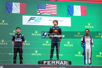 2023-07-01 - Podium Sprint Race: CRAWFORD Jak (usa), Hitech Grand Prix, Dallara F2, MARTINS Victor (fra), ART Grand Prix, Dallara F2, NOVALAK Clément (fra), Trident Racing, Dallara F2, portrait, during the 7th round of the 2023 FIA Formula 2 Championship from June 30 to July 2, 2023 on the Red Bull Ring, in Spielberg, Austria - AUTO - FORMULA 2 2023 - AUSTRIA - FORMULA 2 - MOTORS