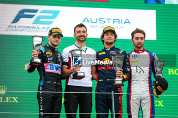 2023-07-01 - Podium Sprint Race: CRAWFORD Jak (usa), Hitech Grand Prix, Dallara F2, MARTINS Victor (fra), ART Grand Prix, Dallara F2, NOVALAK Clément (fra), Trident Racing, Dallara F2, portrait, during the 7th round of the 2023 FIA Formula 2 Championship from June 30 to July 2, 2023 on the Red Bull Ring, in Spielberg, Austria - AUTO - FORMULA 2 2023 - AUSTRIA - FORMULA 2 - MOTORS