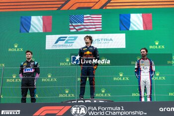 2023-07-01 - MARTINS Victor (fra), ART Grand Prix, Dallara F2, CRAWFORD Jak (usa), Hitech Grand Prix, Dallara F2, NOVALAK Clément (fra), Trident Racing, Dallara F2, portrait on the podium during the 7th round of the 2023 FIA Formula 2 Championship from June 30 to July 2, 2023 on the Red Bull Ring, in Spielberg, Austria - AUTO - FORMULA 2 2023 - AUSTRIA - FORMULA 2 - MOTORS