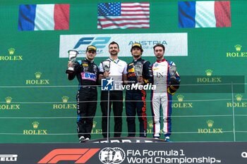 2023-07-01 - MARTINS Victor (fra), ART Grand Prix, Dallara F2, CRAWFORD Jak (usa), Hitech Grand Prix, Dallara F2, NOVALAK Clément (fra), Trident Racing, Dallara F2, portrait on the podium during the 7th round of the 2023 FIA Formula 2 Championship from June 30 to July 2, 2023 on the Red Bull Ring, in Spielberg, Austria - AUTO - FORMULA 2 2023 - AUSTRIA - FORMULA 2 - MOTORS