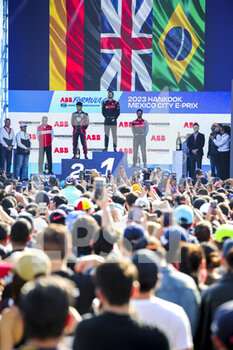 2023-01-14 - podium, celebration portrait DENNIS Jake (gbr), Avalanche Andretti Formula E, Spark-Porsche, Porsche 99X Electric, WEHRLEIN Pascal (ger), TAG HAUER Porsche Formula E Team, Porsche 99X Electric, DI GRASSI Lucas (bra), Mahindra Racing, Spark-Mahindra, Mahindra M9-Electro, during the 2023 Mexico City ePrix, 1st meeting of the 2022-23 ABB FIA Formula E World Championship, on the Autodromo Hermanos Rodriguez from January 12 to 14, in Mexico City, Mexico - AUTO - 2023 FORMULA E MEXICO CITY EPRIX - FORMULA E - MOTORS