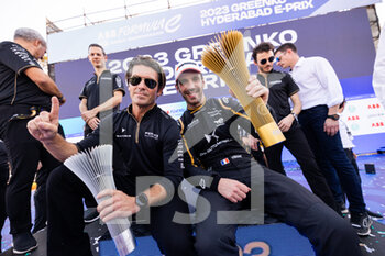 2023-02-11 - PENSKE Jay, Owner of Penske Autosport and Team Principal of DS Penske Formula E Team, portrait VERGNE Jean-Eric (fra), DS Penske Formula E Team, Spark-DS, DS E-Tense FE23, portrait at the podium during the 2023 Hyderabad ePrix, 3rd meeting of the 2022-23 ABB FIA Formula E World Championship, on the Hyderabad Street Circuit from February 9 to 11, in Hyderabad, India - AUTO - 2022 FORMULA E HYDERABAD EPRIX - FORMULA E - MOTORS