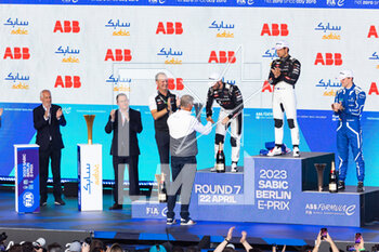 2023-04-22 - Podium WIEROD Morten, Electrification business area President ABB, portrait BIRD Sam (gbr), Jaguar TCS Racing, Spark-Jaguar, Jaguar I - Time 6, portrait EVANS Mitch (nzl), Jaguar TCS Racing, Spark-Jaguar, Jaguar I - Time 6, portrait GUNTHER Maximilian (ger), Maserati MSG Racing, Spark-Venturi, portrait during the 2023 Berlin ePrix, 6th meeting of the 2022-23 ABB FIA Formula E World Championship, on the Tempelhof Airport Street Circuit from April 21 to 23, 2023 in Berlin, Germany - AUTO - 2023 FORMULA E BERLIN EPRIX - FORMULA E - MOTORS