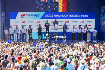 2023-07-15 - Mr Sanghoon Lee, President & COO, Hankook Tire Europe at the podium ceremony, CASSIDY Nick (nzl), Envision Racing, Spark-Jaguar, Jaguar I - Time 6, EVANS Mitch (nzl), Jaguar TCS Racing, Spark-Jaguar, Jaguar I - Time 6, GUNTHER Maximilian (ger), Maserati MSG Racing, Spark-Venturi, portrait during the 2023 Hankook Rome ePrix, 10th meeting of the 2022-23 ABB FIA Formula E World Championship, on the Circuit Cittadino dell’EUR from July 14 to 16, 2023 in Rome, Italy - AUTO - 2023 FORMULA E ROME EPRIX - FORMULA E - MOTORS