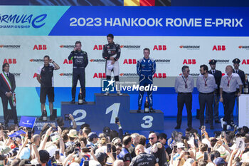 2023-07-15 - Podium ceremony, CASSIDY Nick (nzl), Envision Racing, Spark-Jaguar, Jaguar I - Time 6, EVANS Mitch (nzl), Jaguar TCS Racing, Spark-Jaguar, Jaguar I - Time 6, GUNTHER Maximilian (ger), Maserati MSG Racing, Spark-Venturi, portrait during the 2023 Hankook Rome ePrix, 10th meeting of the 2022-23 ABB FIA Formula E World Championship, on the Circuit Cittadino dell’EUR from July 14 to 16, 2023 in Rome, Italy - AUTO - 2023 FORMULA E ROME EPRIX - FORMULA E - MOTORS