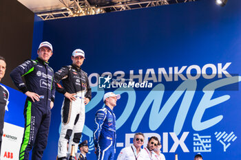 2023-07-15 - EVANS Mitch (nzl), Jaguar TCS Racing, Spark-Jaguar, Jaguar I - Time 6, portrait CASSIDY Nick (nzl), Envision Racing, Spark-Jaguar, Jaguar I - Time 6, portrait GUNTHER Maximilian (ger), Maserati MSG Racing, Spark-Venturi, portrait at the podium during the 2023 Hankook Rome ePrix, 10th meeting of the 2022-23 ABB FIA Formula E World Championship, on the Circuit Cittadino dell’EUR from July 14 to 16, 2023 in Rome, Italy - AUTO - 2023 FORMULA E ROME EPRIX - FORMULA E - MOTORS