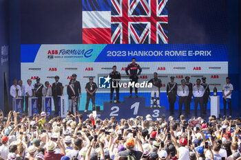 2023-07-16 - Podium ceremony, NATO Norman (fra), Nissan Formula E Team, Spark-Nissan, Nissan e-4ORCE 04, DENNIS Jake (gbr), Avalanche Andretti Formula E, Spark-Porsche, Porsche 99X Electric, BIRD Sam (gbr), Jaguar TCS Racing, Spark-Jaguar, Jaguar I - Time 6, portrait during the 2023 Hankook Rome ePrix, 10th meeting of the 2022-23 ABB FIA Formula E World Championship, on the Circuit Cittadino dell’EUR from July 14 to 16, 2023 in Rome, Italy - AUTO - 2023 FORMULA E ROME EPRIX - FORMULA E - MOTORS