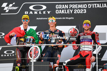 2023-06-11 - Moto3 Podium. DAcosta Pedro (Esp)
Team: Red Bull KTM Ajo Moto2, Arbolino Tony (Ita)
Team: ELF Marc VDS and Dixon Jake (Gbr)
Team: GASGAS Aspar Team podium of Moto3 - RACE MOTOGP GRAND PRIX OF ITALY - MOTOGP - MOTORS