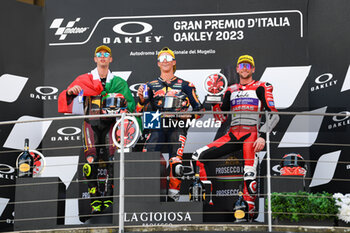 2023-06-11 - Moto3 Podium. DAcosta Pedro (Esp)
Team: Red Bull KTM Ajo Moto2, Arbolino Tony (Ita)
Team: ELF Marc VDS and Dixon Jake (Gbr)
Team: GASGAS Aspar Team podium of Moto3 - RACE MOTOGP GRAND PRIX OF ITALY - MOTOGP - MOTORS