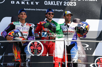 2023-06-11 - The Podium of MotoGP Francesco Bagnaia IT Ducati Lenovo Team Ducati, Jorge Martin ES Prima Pramac Racing Ducati, Johann Zarco FR Prima Pramac Racing Ducati, - RACE MOTOGP GRAND PRIX OF ITALY - MOTOGP - MOTORS