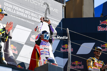 2023-09-10 - Jorge Martin ES Prima Pramac Racing Ducati celebrate on the podium after the Gran Premio Red Bull of San Marino e della Riviera di Rimini - GRAN PREMIO RED BULL DI SAN MARINO E DELLA RIVIERA DI RIMINI - RACE AND PRESS CONFERENCE - MOTOGP - MOTORS