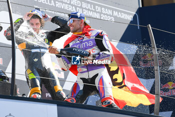 2023-09-10 - Jorge Martin ES Prima Pramac Racing Ducati celebrate on the podium after the Gran Premio Red Bull of San Marino e della Riviera di Rimini - GRAN PREMIO RED BULL DI SAN MARINO E DELLA RIVIERA DI RIMINI - RACE AND PRESS CONFERENCE - MOTOGP - MOTORS