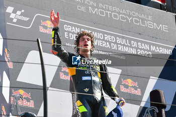2023-09-10 - Marco Bezzecchi IT Mooney VR46 Racing Team Ducati celebrate on the podium after the Gran Premio Red Bull of San Marino e della Riviera di Rimini - GRAN PREMIO RED BULL DI SAN MARINO E DELLA RIVIERA DI RIMINI - RACE AND PRESS CONFERENCE - MOTOGP - MOTORS