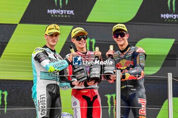 2023-09-03 - David Alonso (1st) of Colombia and GASGAS Aspar Team , Jaume Masia (2nd) of Spain and Leopard Racing and Jose Antonio Rueda (3rd) of Spain and Red Bull KTM Ajo during the MOTO 3 PODIUM of the Catalunya Grand Prix at Montmelo racetrack, Spain on September 03, 2023 (Photo: Alvaro Sanchez) Cordon Press - RACES MOTOGP CATALUNYA - MOTOGP - MOTORS
