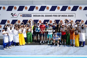 2023-09-21 - MotoGP? has touched down in India and festivities are already underway at Buddh International Circuit, with riders getting to grips with a dash of local culture before track action kicks off on Friday before Indian Oil Grand Prix of India, 21 September 2023 In picture: Jorge Martin, Marco Bezzecchi, Aleix Espargar?, Jack Miller, Alex Marquez, Johann Zarco, Raul Fernandez, Augusto Fernandez, Takaaki Nakagami and Kadai Yaseen Ahamed with people of the indian show POOL/ MotoGP.com / Cordon Press Images will be for editorial use only. Mandatory credit: ?MotoGP.com Cordon Press - PRESS CONFERENCE AND EVENTS MOTOGP GRAND PRIX OF INDIA - MOTOGP - MOTORS