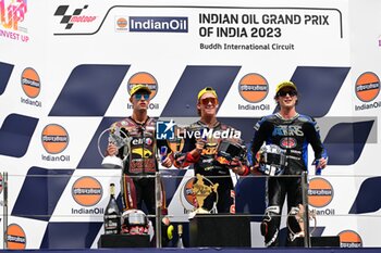 2023-09-25 - Races of Indian Oil Grand Prix of India at Buddh International Circuit, 24 September 2023 In picture: Moto2 Pedro Acosta , Tony Arbolino and Joe Roberts POOL/ MotoGP.com / Cordon Press Images will be for editorial use only. Mandatory credit: ?MotoGP.com Cordon Press - RACES OF MOTOGP GRAN PRIX OF INDIA - MOTOGP - MOTORS