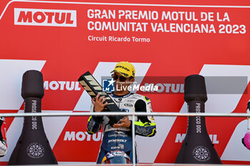 2023-11-26 - A.Sasaki Liqui Moly Husqvarna Intact GP celebrates the first place of the MotoGP race - 2023 MOTOGP GRAND PRIX OF SPAIN - GRAN PREMIO MOTUL DE LA COMUNITAT VALENCIANA - RACE E PRESS CONFERENCE - MOTOGP - MOTORS