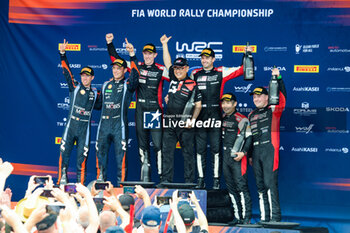 2023-08-06 - The DriveThierry Neuville (Bel) The Co-Pilot Martijn Wydaeghe (Bel), Elfyn Evans (Gb) The Co-Pilot Scott Martin (Gb)Takamoto Katsuta (Jpn) The Co-Pilot Aaron Johnston (Irl), During Wrc Rally Finland ,They Celebrate During The Final Podium In Himos,2023,06 Aug 2023 Jyvaskyla,Finland - FIA WORLD RALLY CHAMPIONSHIP WRC SECTO AUTOMOTIVE RALLY FINLAND 2023 - RALLY - MOTORS